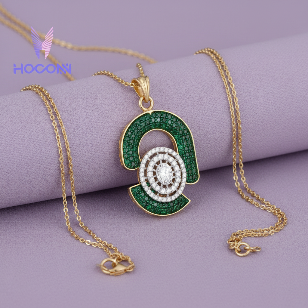 Yellow gold emerald diamond bullseye pendant on lavender cushion