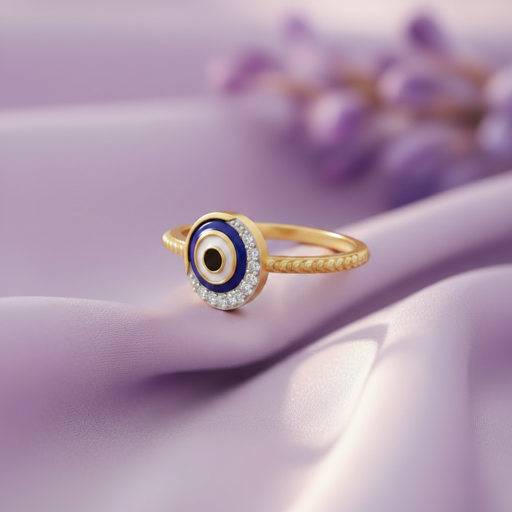 Yellow Gold Evil Eye Ring - Lavender Silk Front