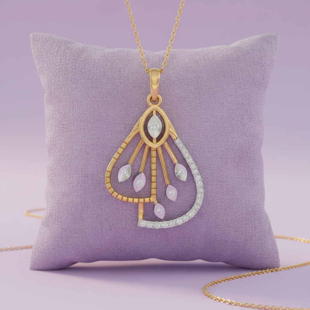 Yellow gold fan teardrop diamond leaf pendant with chain on lavender velvet cushion