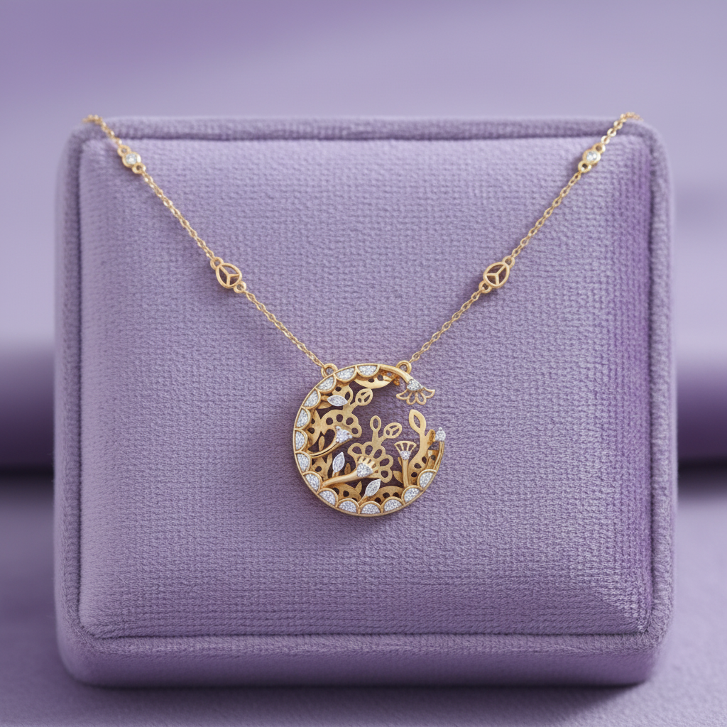 Yellow gold floral openwork circle diamond border pendant necklace on lavender velvet cushion