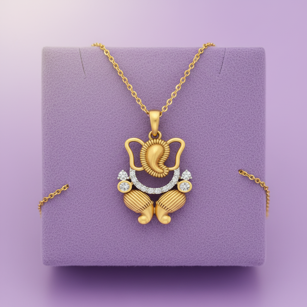 Yellow Gold Ganesha Pendant Clearly Visible on Lavender Cushion