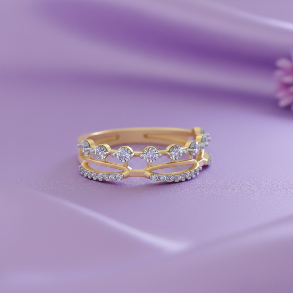 Yellow gold lattice ring flat lay lavender