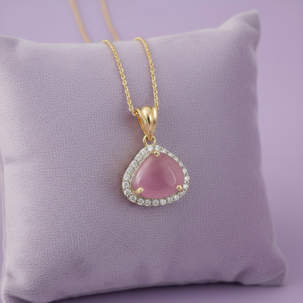 Yellow gold pink sapphire diamond halo teardrop pendant on lavender cushion