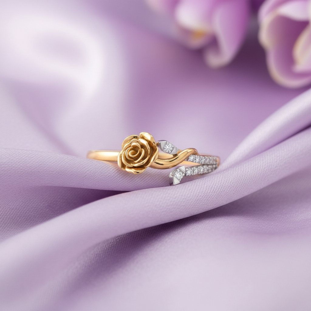 Yellow Gold Rose Bloom Double Pavé Ring - Lavender Silk Angled