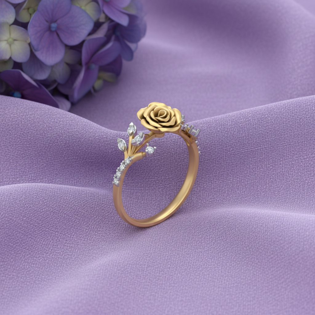 Yellow gold rose ring flat lay real silk