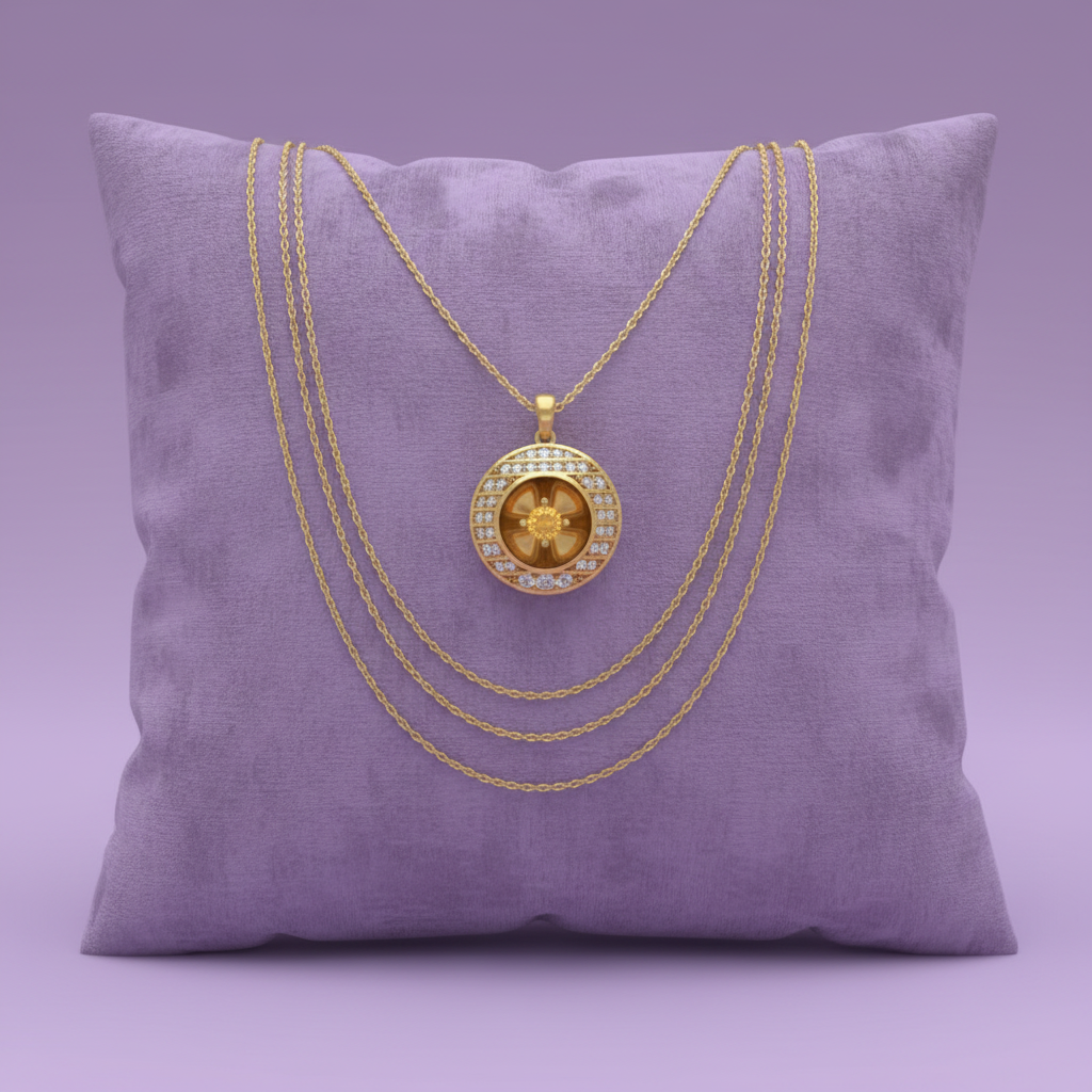 Yellow gold round diamond citrine pendant zoomed out on full lavender velvet cushion with extra chains