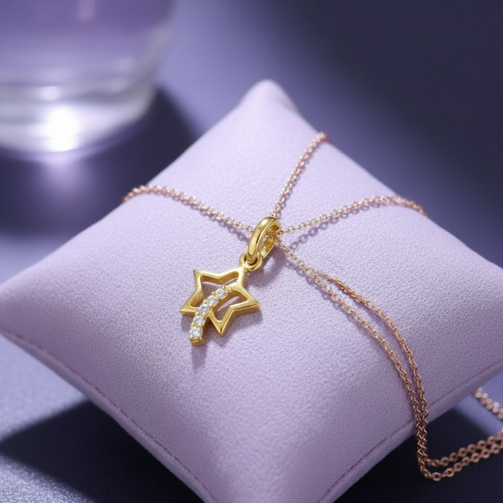 Yellow Gold Star Necklace on Lavender Cushion