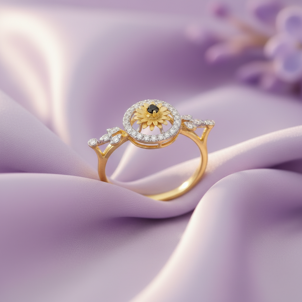 Yellow Gold Sunflower Halo Ring - Lavender Silk Front
