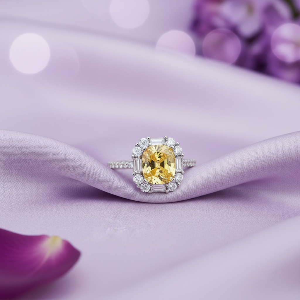 Yellow Sapphire Mixed Halo Ring - Lavender Silk Angled