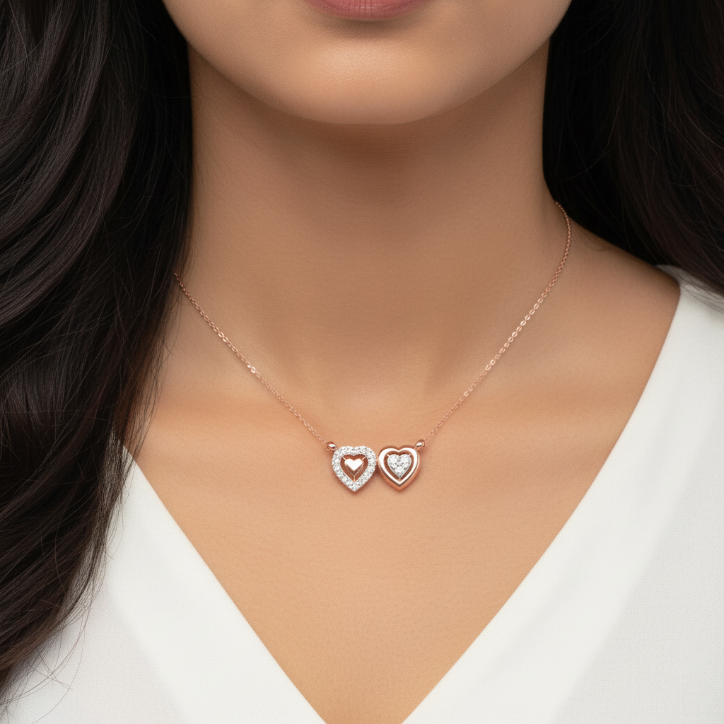 Zoomed In - Exact Design Rose Gold Heart Locket on Neck