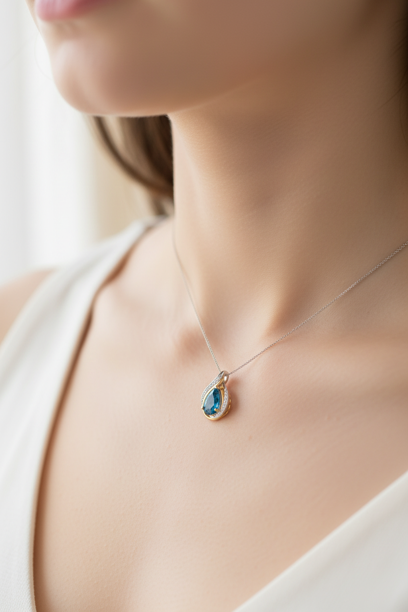 Zoomed neck photo with extra small original design silver ocean drop pendant