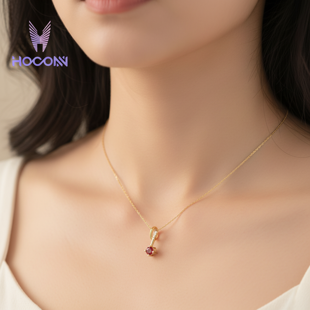 Zoomed neck wearing CPD00212 ruby pendant
