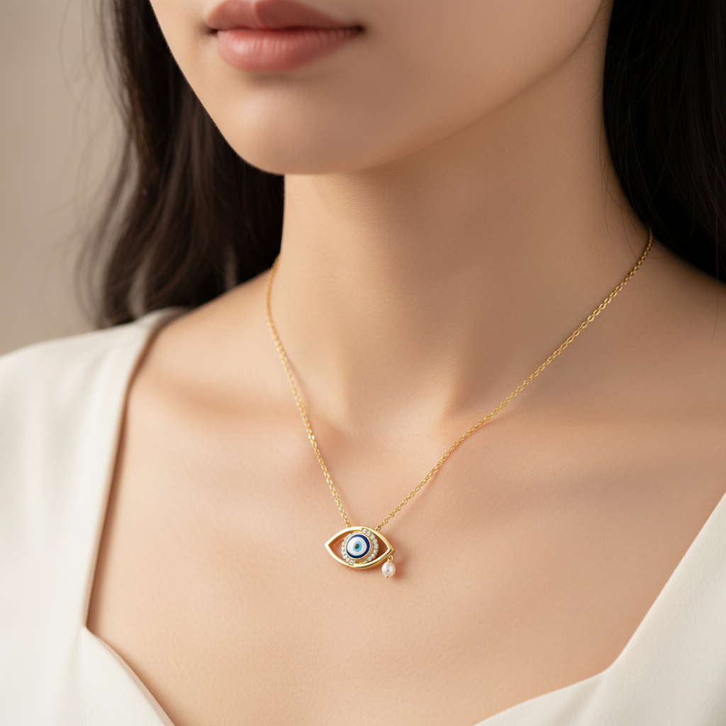 Zoomed neck wearing CPD00267 evil eye pearl necklace