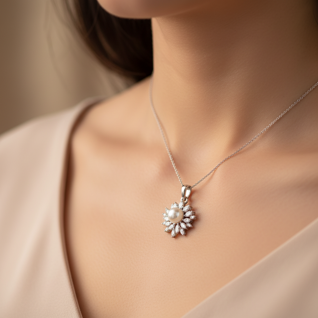 Zoomed neck wearing HPD00364 pearl sunburst pendant