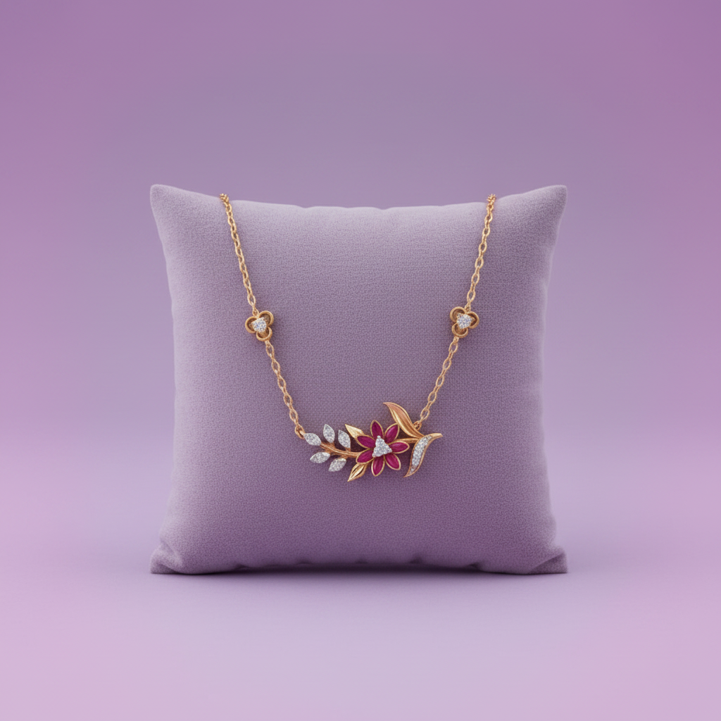 Zoomed Out - Floral Ruby Enamel Necklace on Lavender Cushion