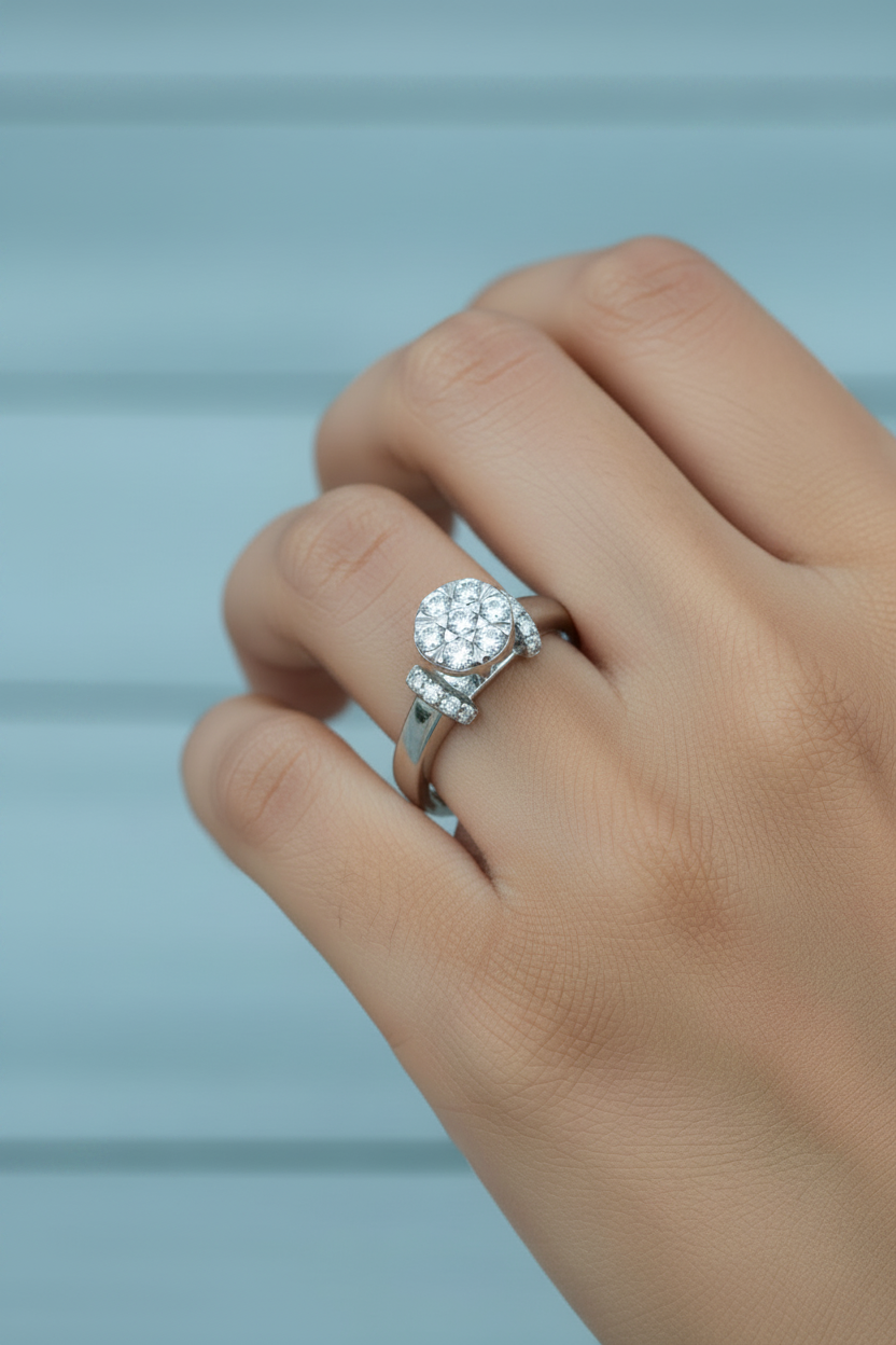 Zoomed out - girl wearing white gold flower cluster diamond ring