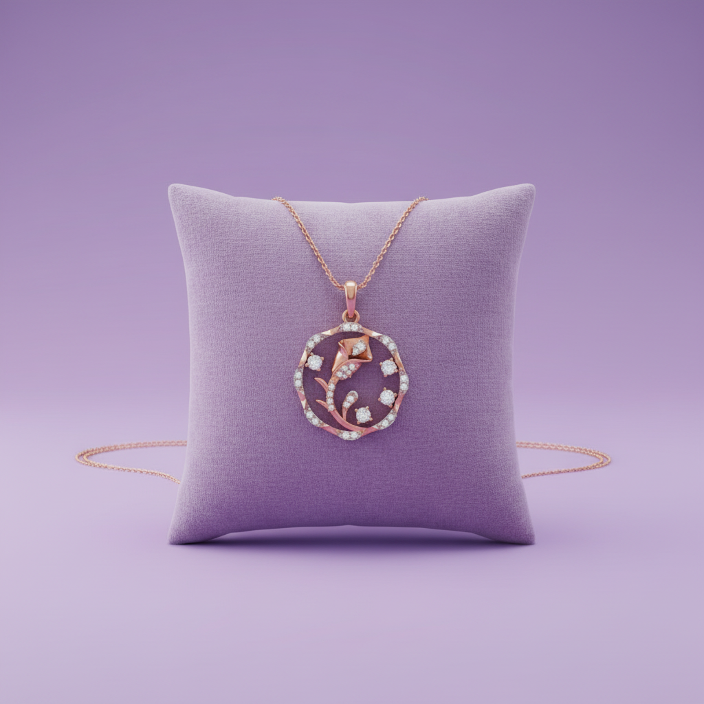 Zoomed Out - Rose Gold Circular Pendant on Lavender Cushion