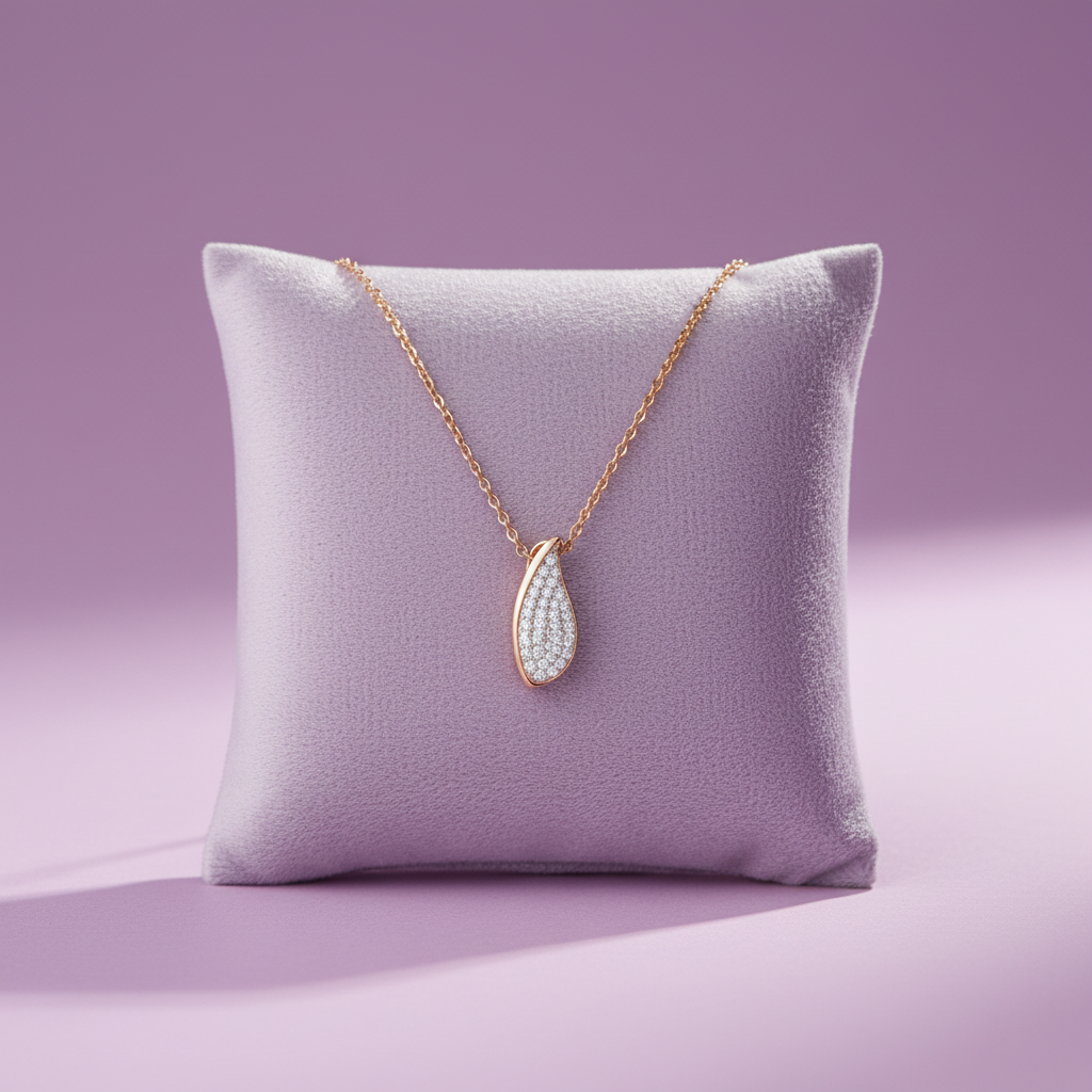 Zoomed Out - Rose Gold Diamond Teardrop Pendant on Lavender Cushion