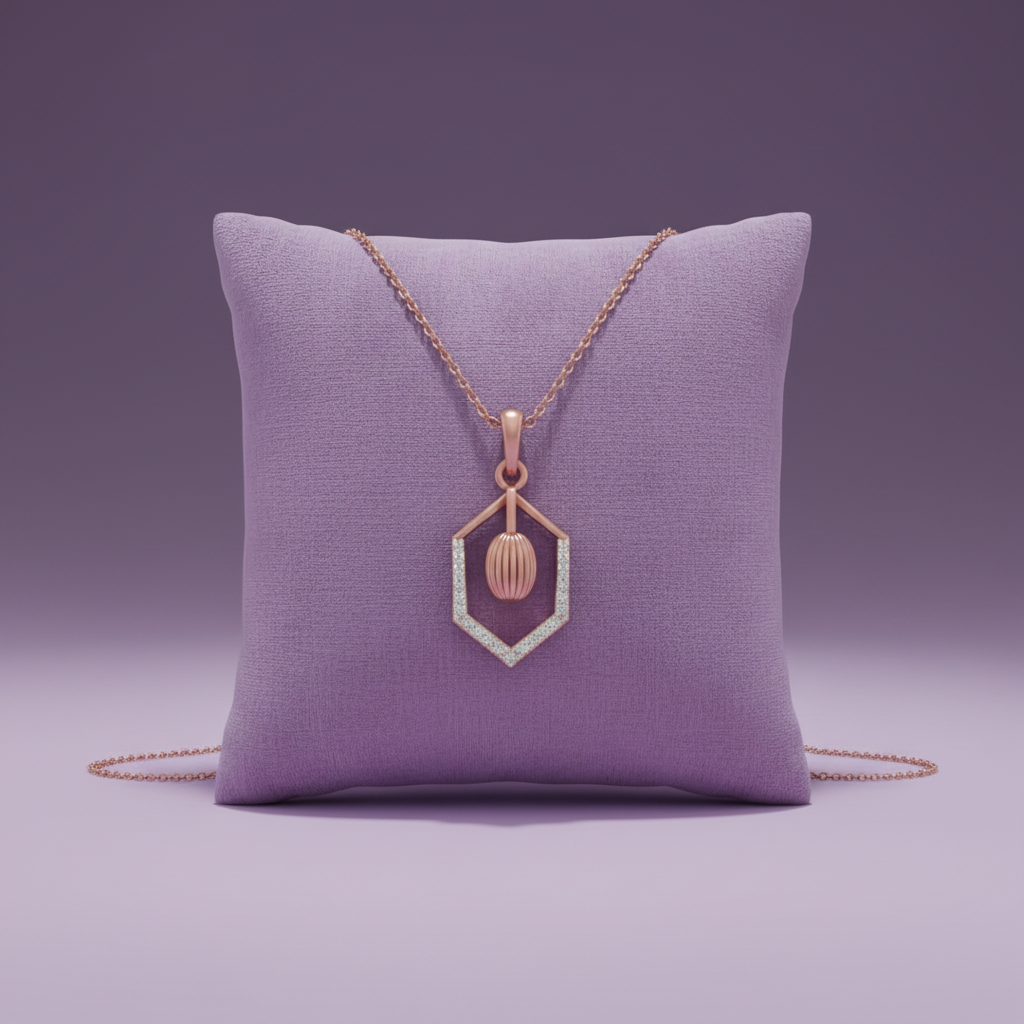 Zoomed Out - Rose Gold Hexagon Pendant on Lavender Cushion