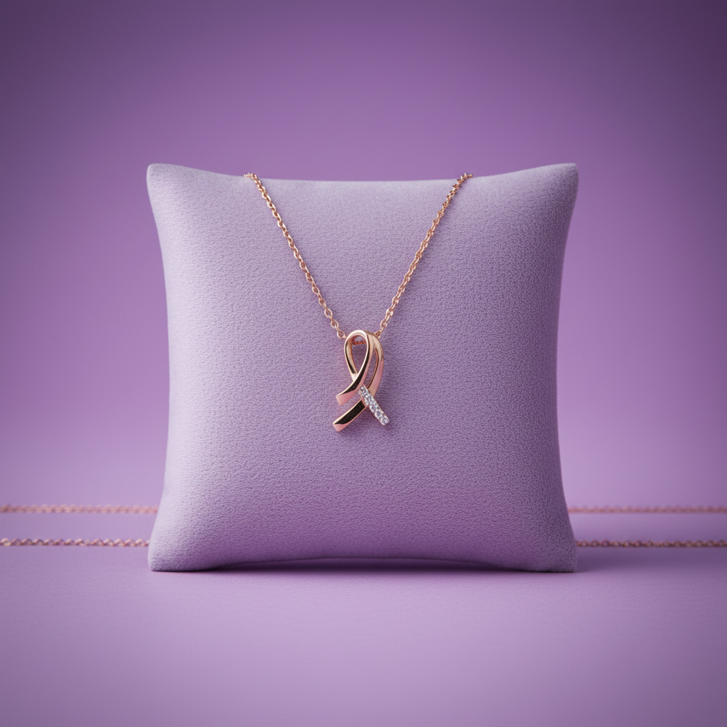 Zoomed Out - Rose Gold Ribbon Pendant on Lavender Cushion