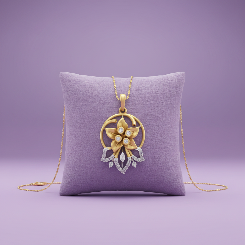 Zoomed Out - Yellow Gold Flower Pendant on Lavender Cushion