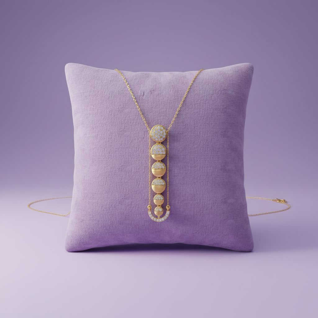 Zoomed Out - Yellow Gold Stacked Disc Pendant on Lavender Cushion
