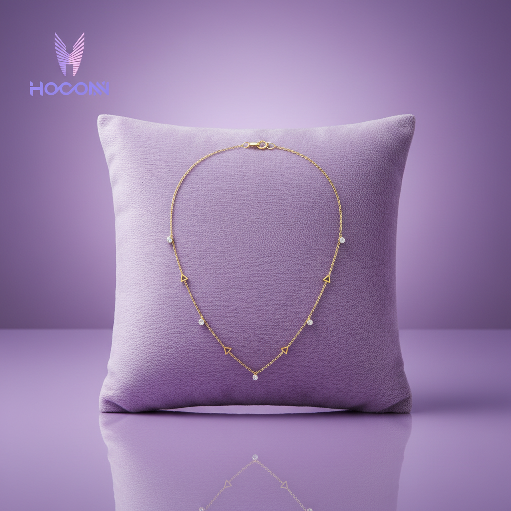 Zoomed Out - Yellow Gold Triangle Diamond Station Necklace on Lavender Cushion